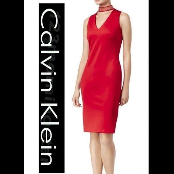 Calvin Klein Women's Red Sleeveless V-Neck Scuba Sheath Dress Sz 4 NWT🏷 - Picture 4 of 16